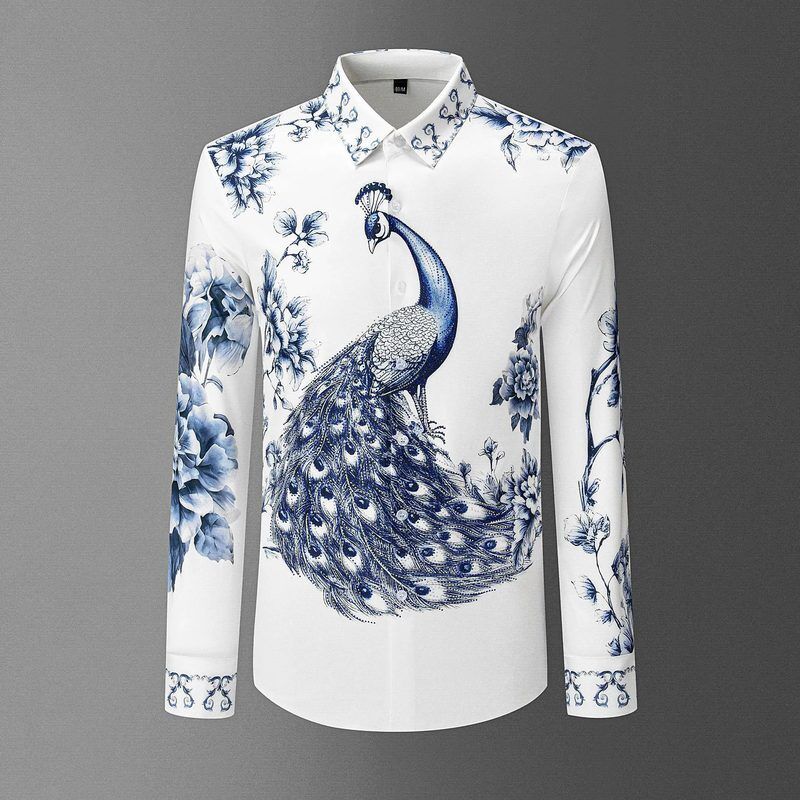 Blue White Porcelain Peacock Print Long Sleeve Shirt view 6