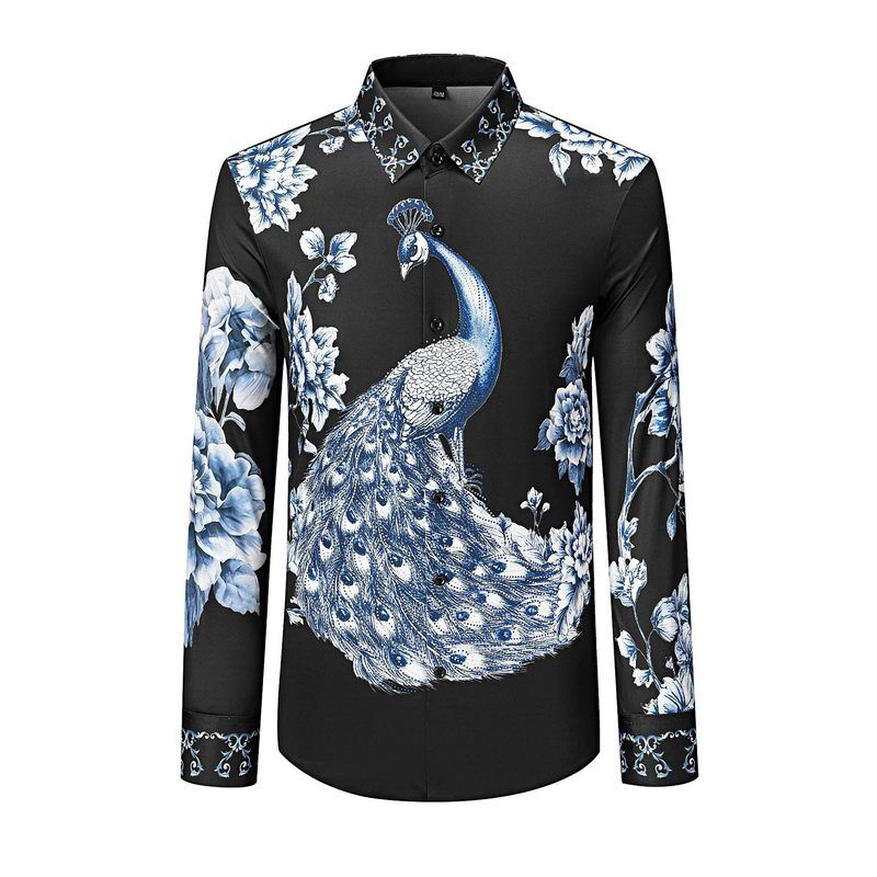 Blue White Porcelain Peacock Print Long Sleeve Shirt view 7
