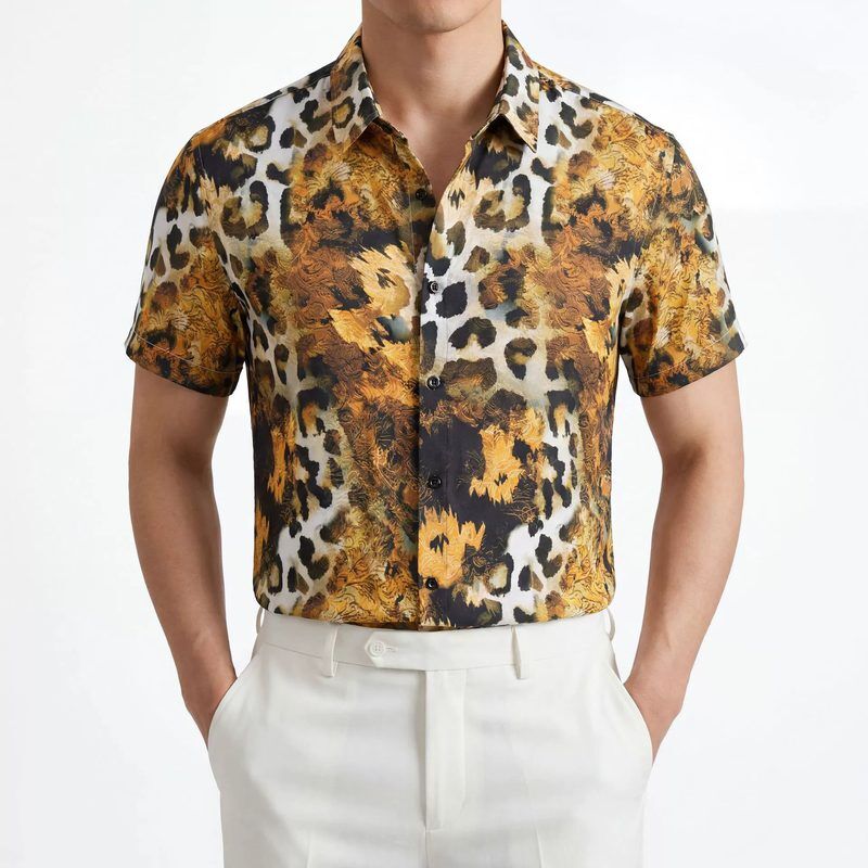 Yellow Brown Leopard Print Short Sleeve Shirt — Short Sleeve Shirts shirt manufacturer China Man & Shirt