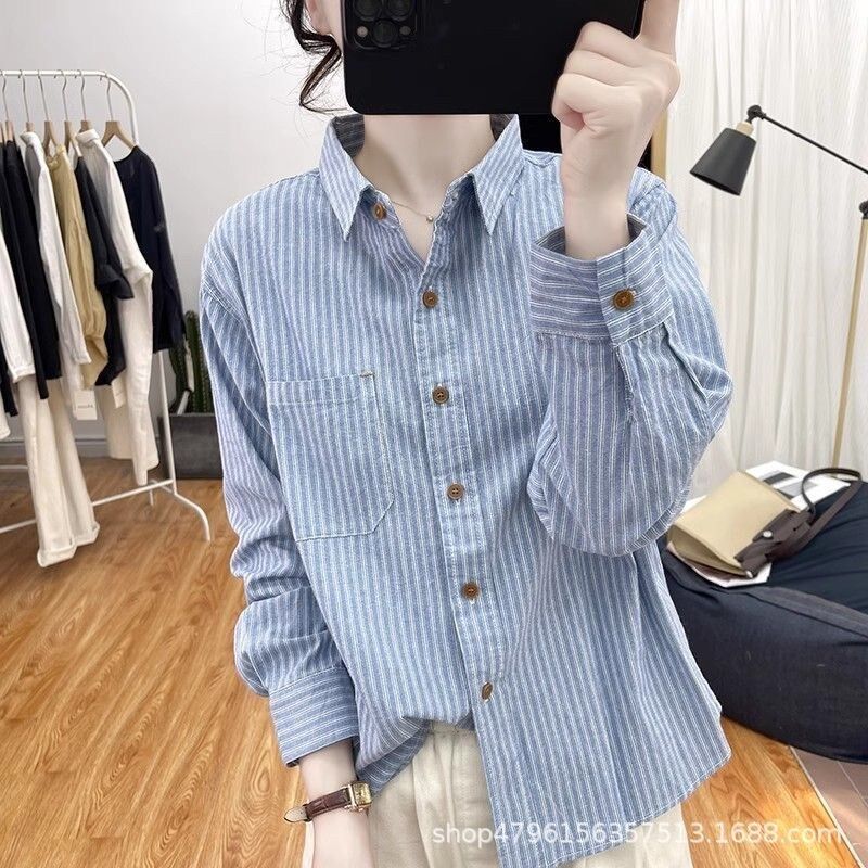 Camisa Vintage de Rayas Suelta de Manga Larga view 6