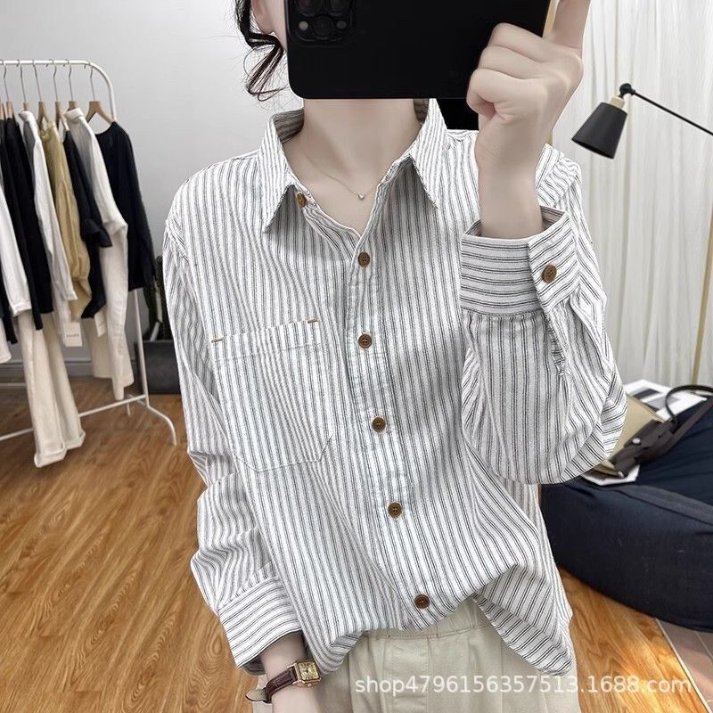 Camisa Vintage de Rayas Suelta de Manga Larga view 7