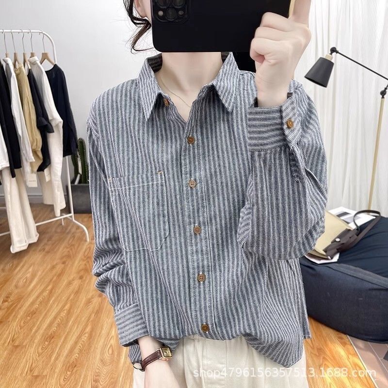 Camisa Vintage de Rayas Suelta de Manga Larga view 8