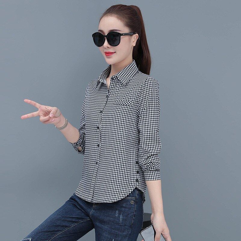Korean Plaid Slim Long Sleeve Shirt view 9