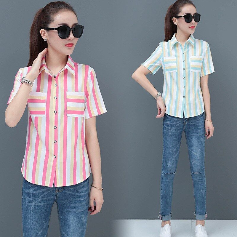 Striped loose short sleeve shirt in pink and green