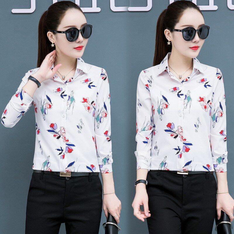 Korean floral slim long sleeve shirt in yellow, white, and pink