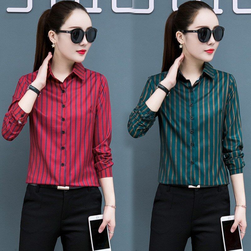Striped slim long sleeve shirt in red and dark green