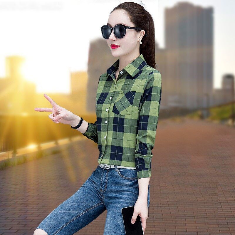 Camisa Coreana Plaid Manga Larga view 12