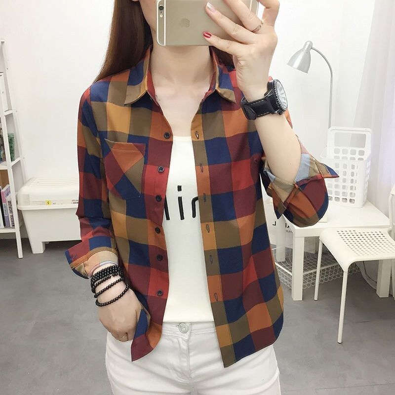 Korean vintage plaid long sleeve shirt in multiple colors