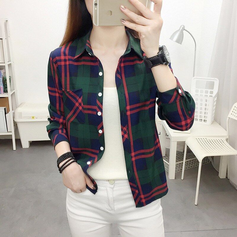 Korean Vintage Plaid Long Sleeve Shirt
