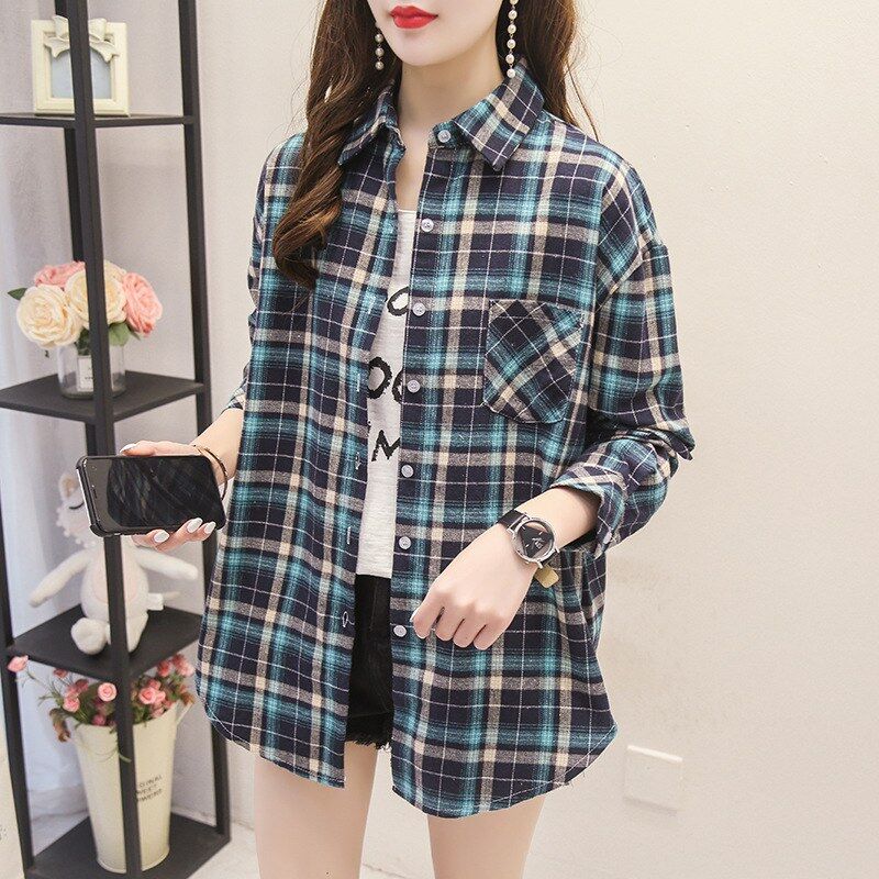 Camisa coreana xadrez manga longa view 10