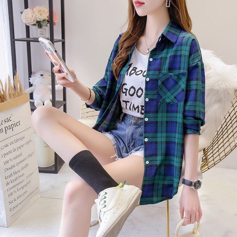 Camisa coreana xadrez manga longa view 3