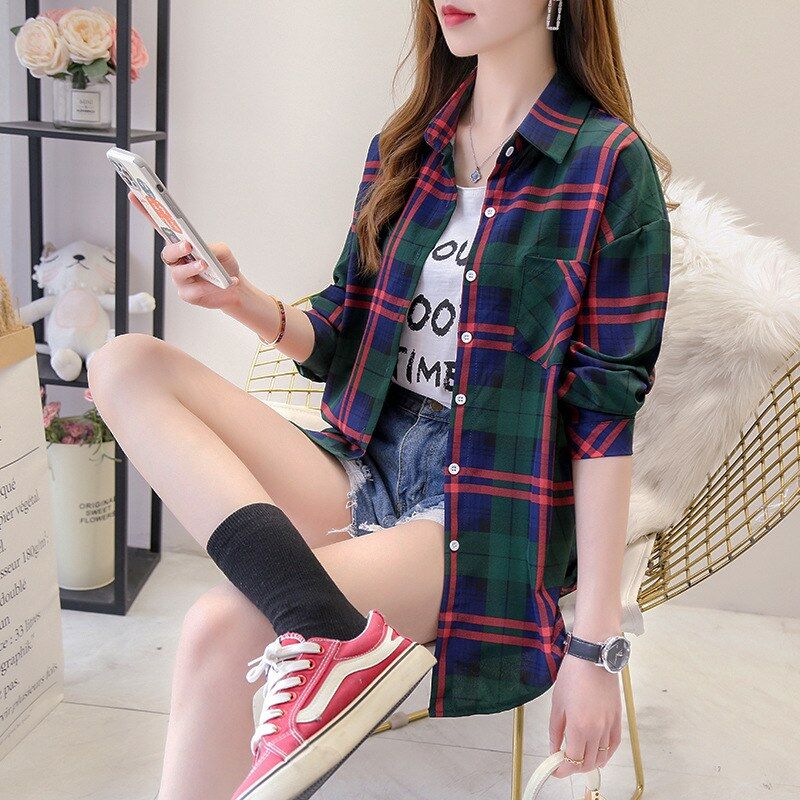 Camisa coreana xadrez manga longa view 4