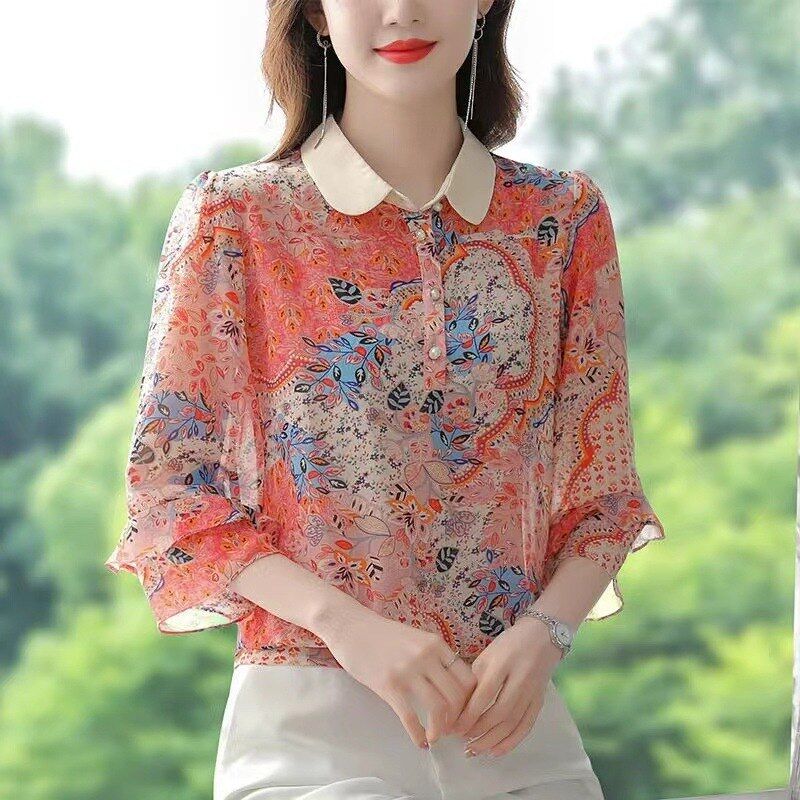 Floral Chiffon Half Sleeve Polo Top