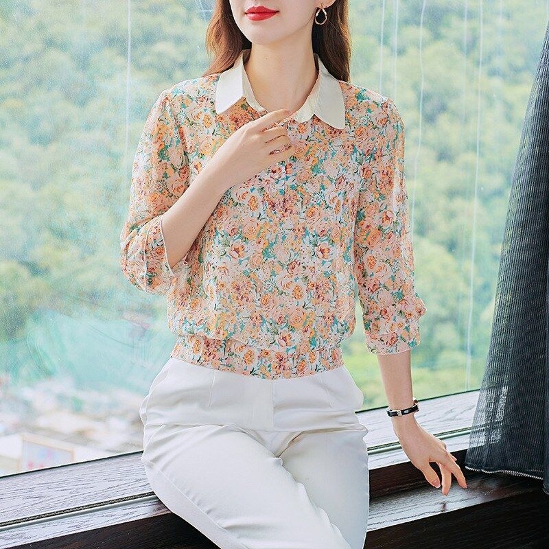 Florales Chiffon-Polo-Top mit halbem Arm view 3