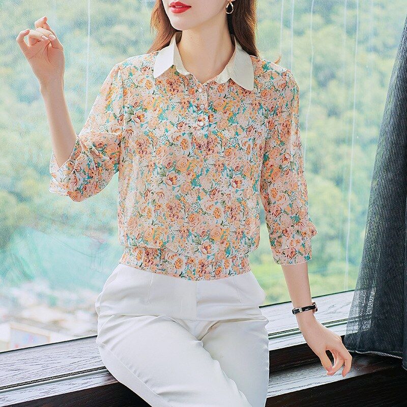 Florales Chiffon-Polo-Top mit halbem Arm view 4