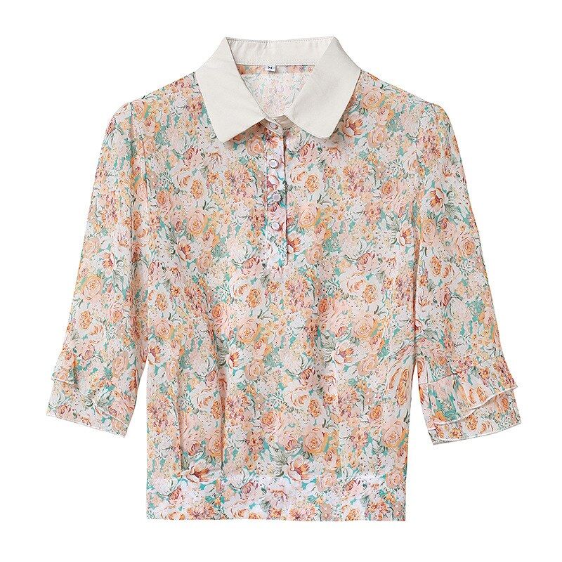 Florales Chiffon-Polo-Top mit halbem Arm view 5
