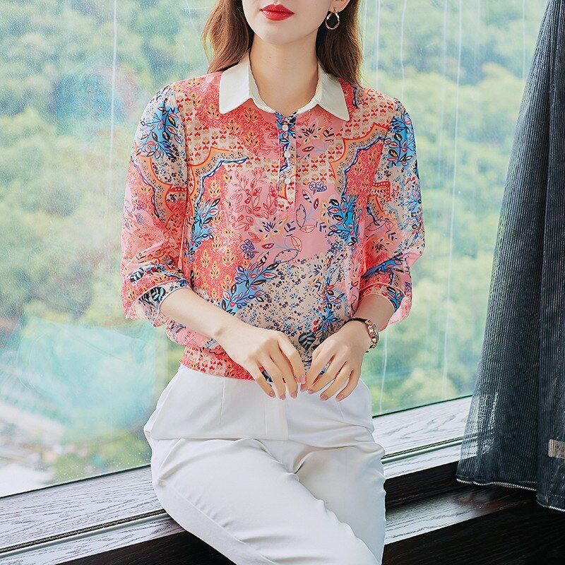 Florales Chiffon-Polo-Top mit halbem Arm view 6
