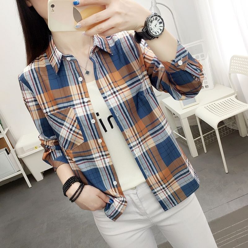 Korean Vintage Plaid Long Sleeve Shirt view 2