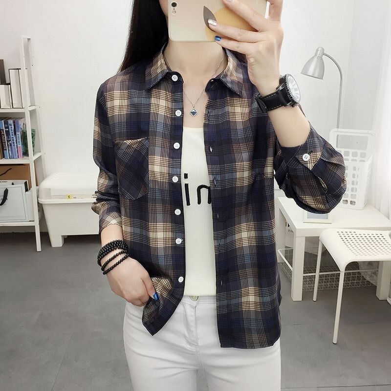 Korean Vintage Plaid Long Sleeve Shirt view 7