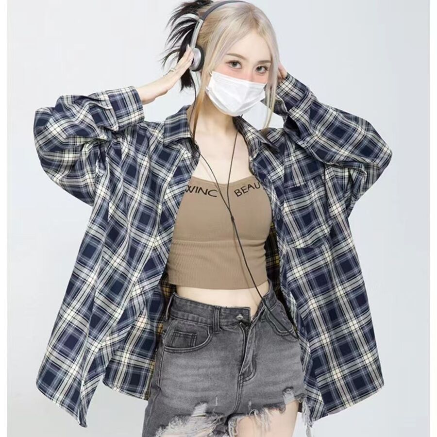 Korean Vintage Plaid Long Sleeve Shirt