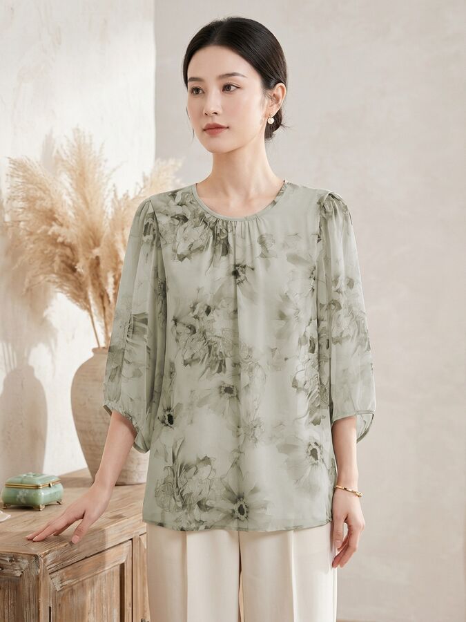 Floral Silk Three Quarter Sleeve Top