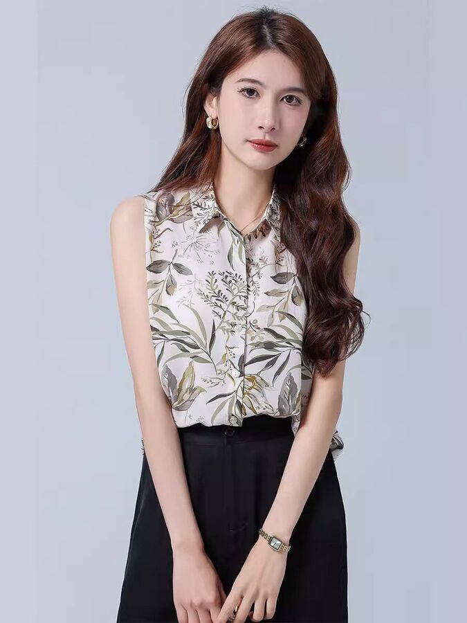 Silk Floral Sleeveless Office Shirt