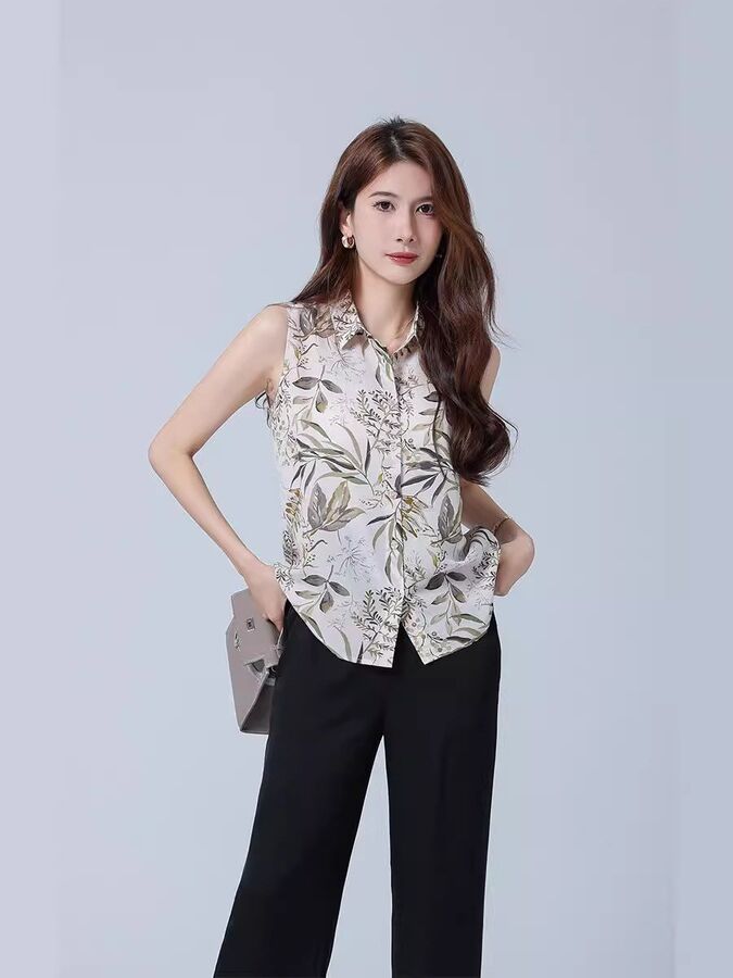 Camisa de escritório sem mangas de seda floral view 4