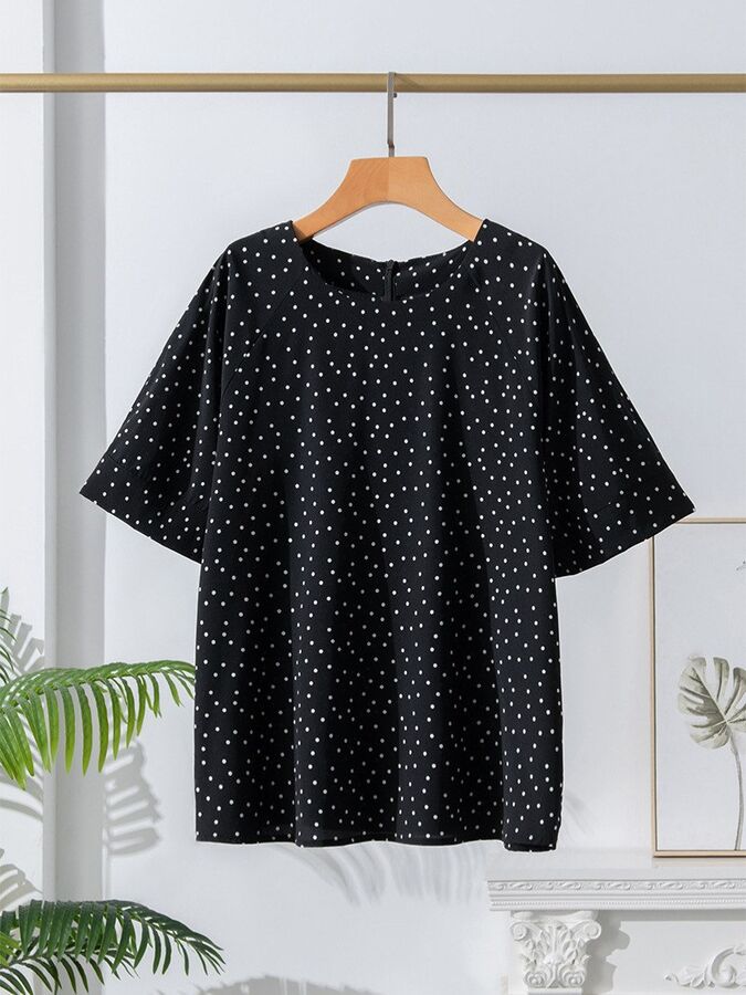 Silk Polka Dot Short Sleeve Round Neck Top