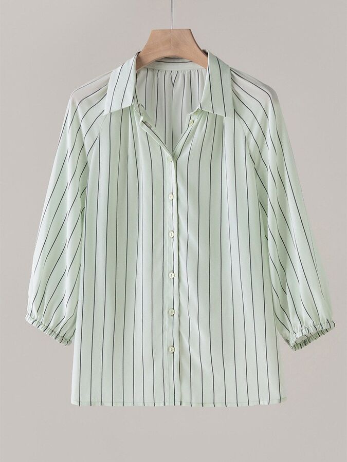 Silk Striped Shirt Seven Sleeve Square Neck in mint green