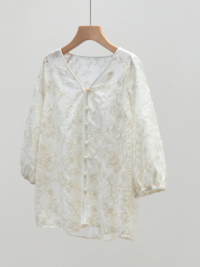 Silk V-neck embroidered three-quarter sleeve top in beige