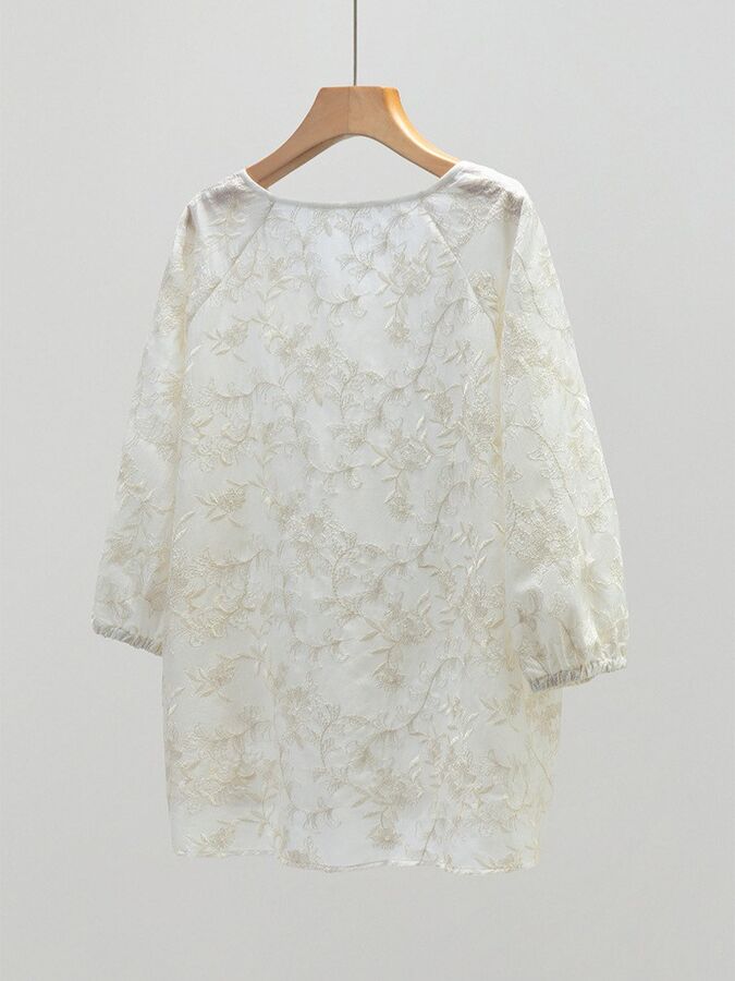 Silk V-Neck Embroidered Three-Quarter Sleeve Top view 2