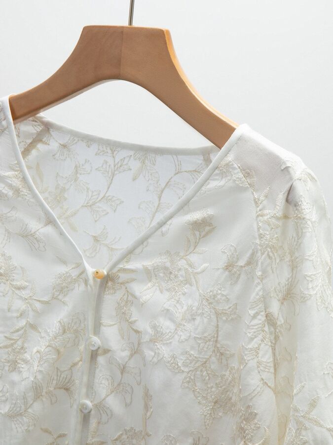 Silk V-Neck Embroidered Three-Quarter Sleeve Top view 3