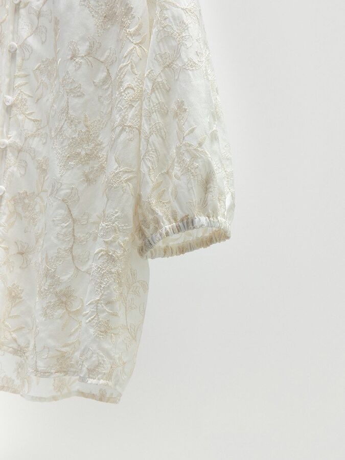 Silk V-Neck Embroidered Three-Quarter Sleeve Top view 5