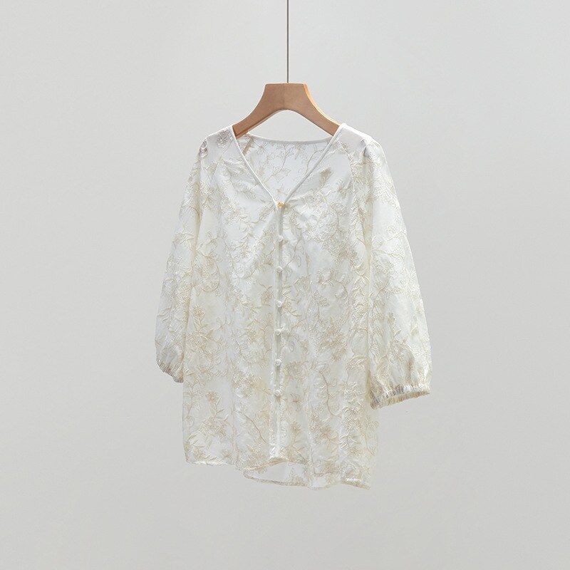 Silk V-Neck Embroidered Three-Quarter Sleeve Top view 6