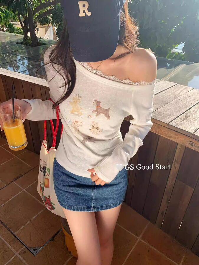 Korean Print One-Shoulder Long Sleeve Top view 4