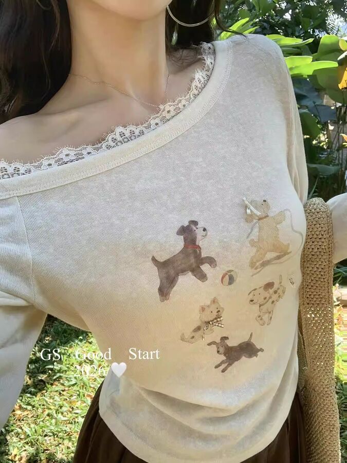 Korean Print One-Shoulder Long Sleeve Top view 5