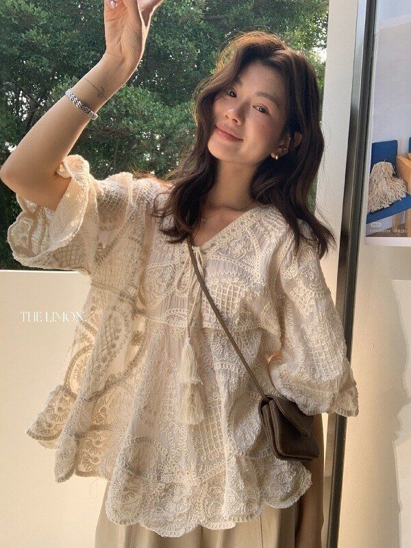 Embroidered lace V-neck tie blouse