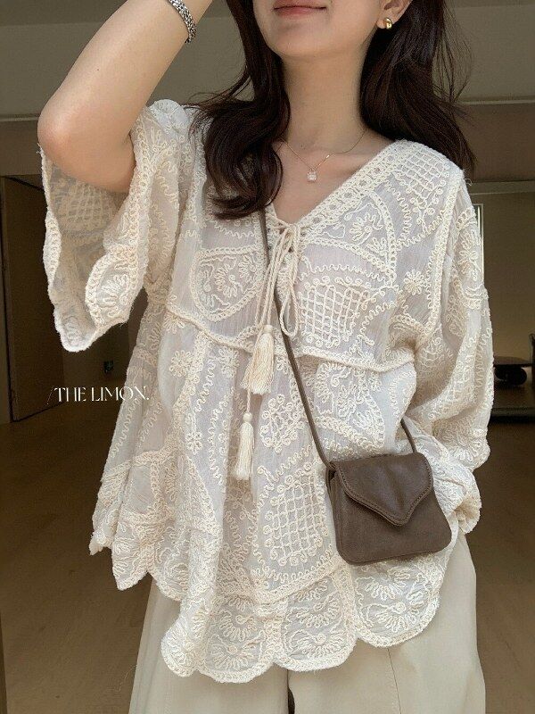 Embroidered Lace V-Neck Tie Blouse view 2