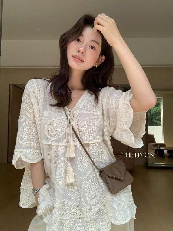 Embroidered Lace V-Neck Tie Blouse view 3