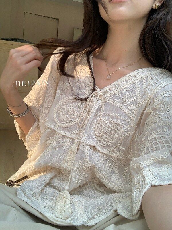 Embroidered Lace V-Neck Tie Blouse view 5