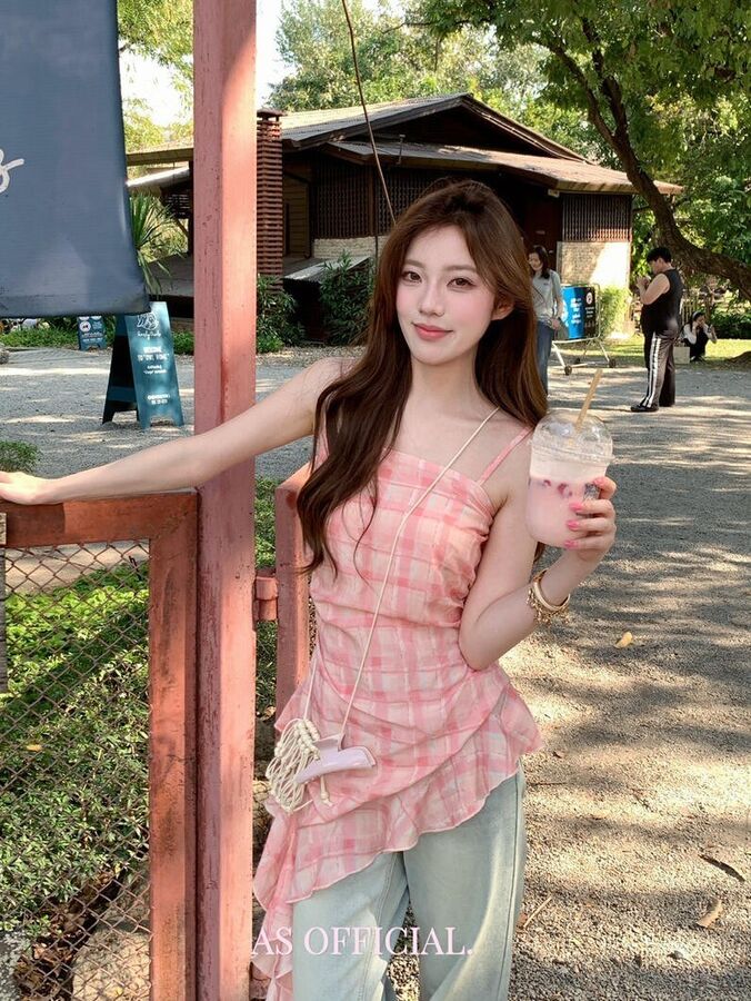 Korean plaid ribbon cami blouse