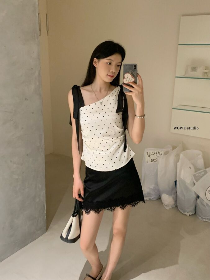 Polka dot bow strap cami top