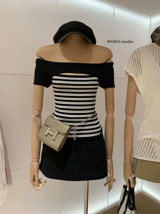 Striped off shoulder knit short sleeve t-shirt