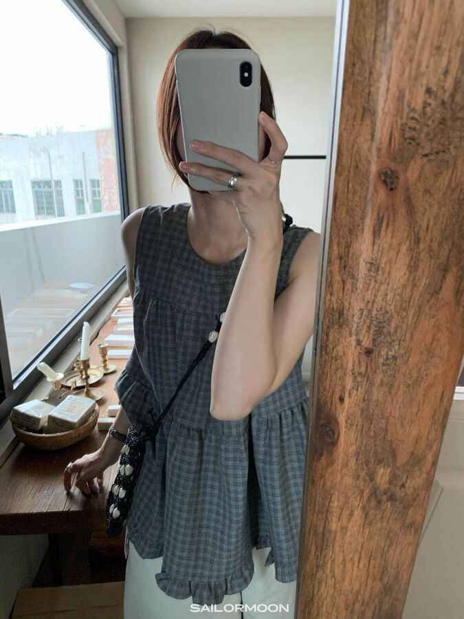 Korean plaid back tie sleeveless top