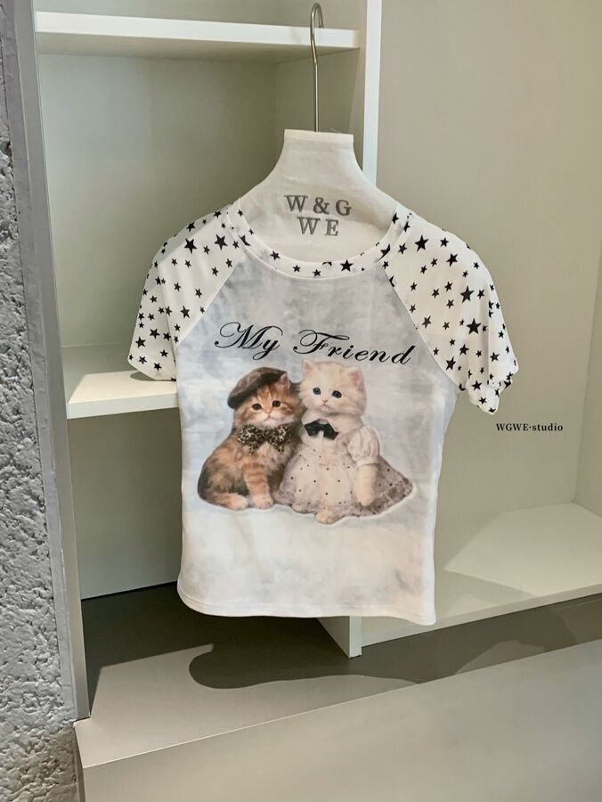 Cartoon Cat Print Short Sleeve T-Shirt view 2