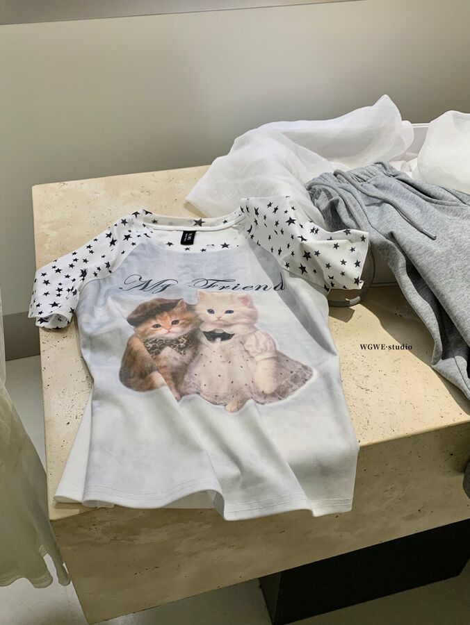 Cartoon Cat Print Short Sleeve T-Shirt view 3