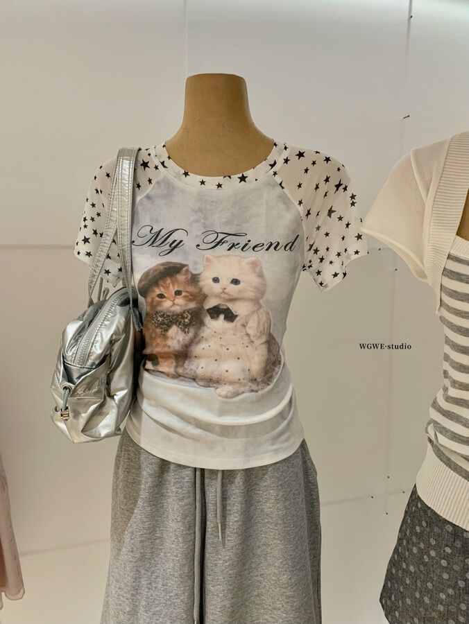 Cartoon Cat Print Short Sleeve T-Shirt view 6