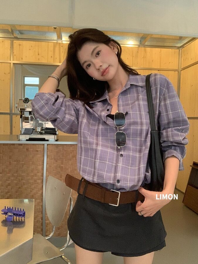 Kemeja Lengan Panjang Kotak-Kotak Vintage Korea view 6