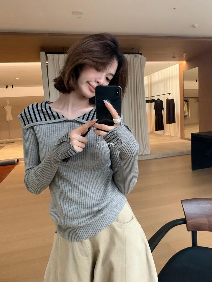 Korean vintage striped long sleeve knit sweater in grey, black, and apricot