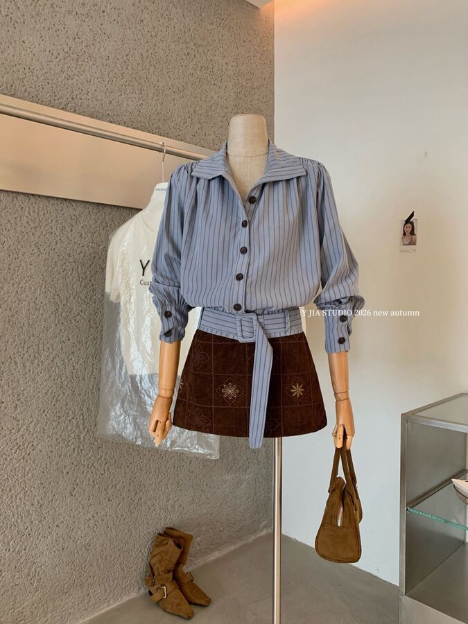 Korean Striped Belted Long Sleeve Shirt